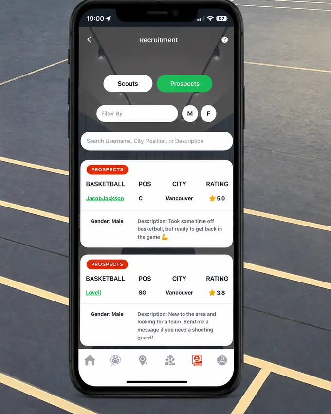 Listings to find teams or players